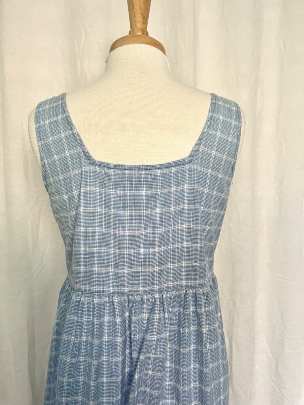 Vintage 90s APRIL CORNELL Embroidered Long Plaid Tank Dress Cottage Blue Medium - Picture 6 of 7